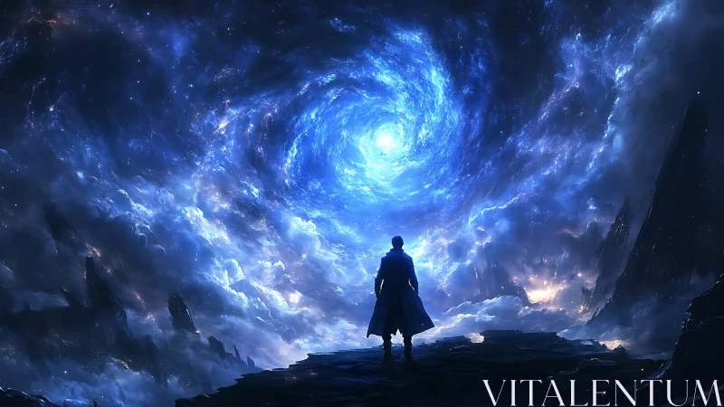 Lone silhouette confronts luminous cosmic vortex in deep space