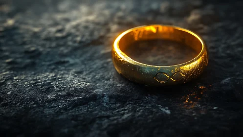 Gold ring on dark textured stone surface in warm light.