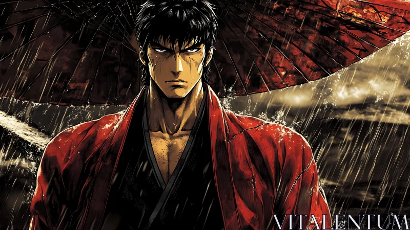 Samurai warrior stands in storm, crimson robe blazing bright.