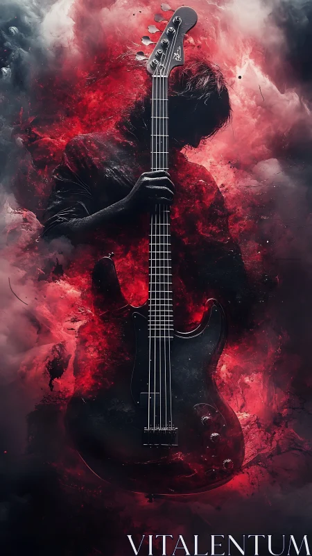 Guitarist silhouette merges with red smoke and electric bass