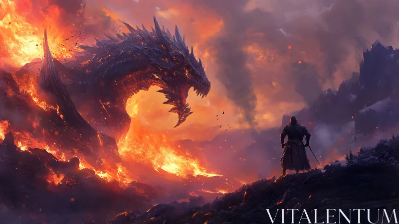Armored warrior confronts volcanic dragon in blazing inferno