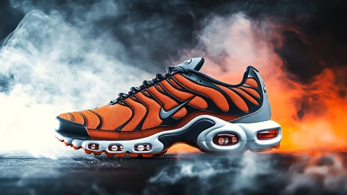 High-contrast orange air-cushioned sneaker in cinematic smoke
