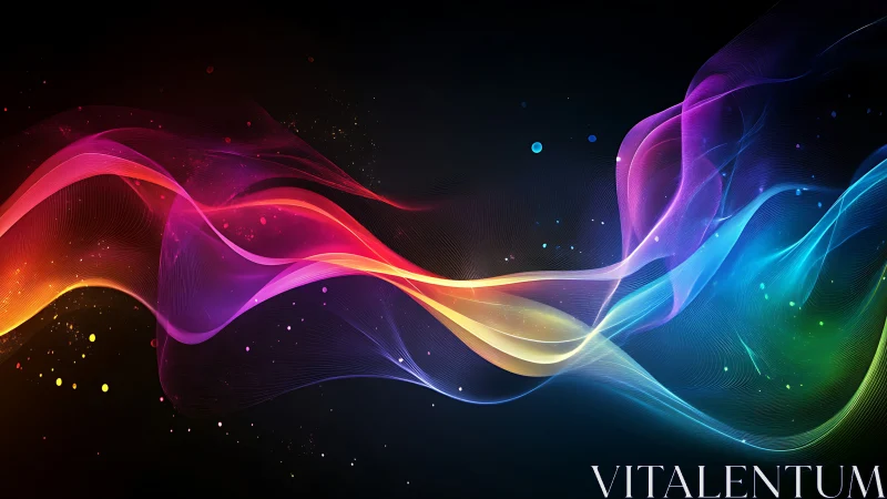 Multicolored flowing light waves on dark digital background.