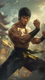 Martial artist poised before burning temple in stormy light.