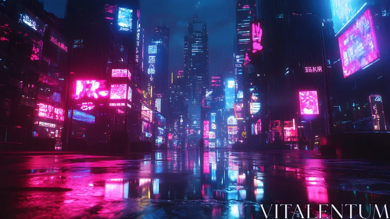 Neon cyberpunk avenue glows through reflective night rain.
