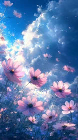 Pink Cosmos Flowers Ascending Through Luminous Sky.