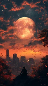 Silhouetted figure observing enlarged moon over city skyline.