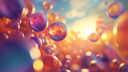 Vibrant Abstract Spheres Floating in Dreamy Sunlit Atmosphere.