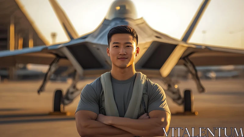 Pilot stands before modern fighter jet on airfield at dusk
