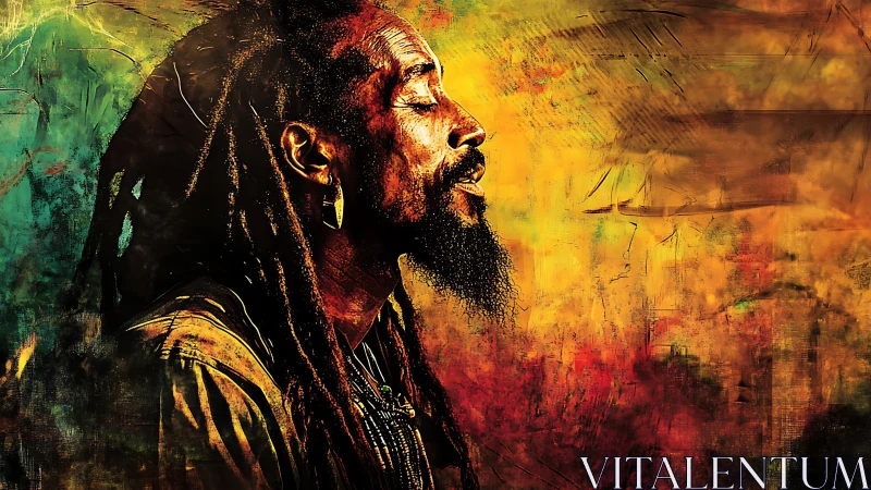 Dreadlocked dreamer glowing in reggae sunrise colors.