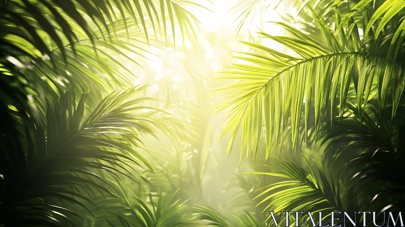 Sunlit palm foliage fills the frame in a dense composition