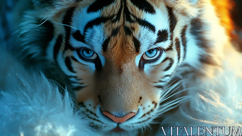 Close frontal view of tiger face with blue tinted lighting.