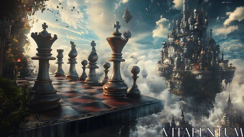 Floating chessboard with monumental pieces above clouds.