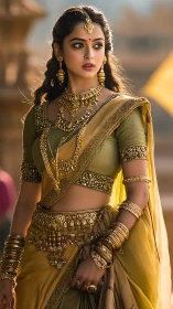 Indian woman in ornate yellow saree with heavy gold jewelry.
