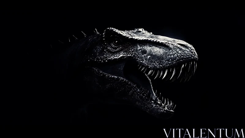Dinosaur head rendered in dark, high contrast profile.