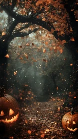 Luminescent jack o&rsquo;lantern corridor within autumnal forest tunnel.