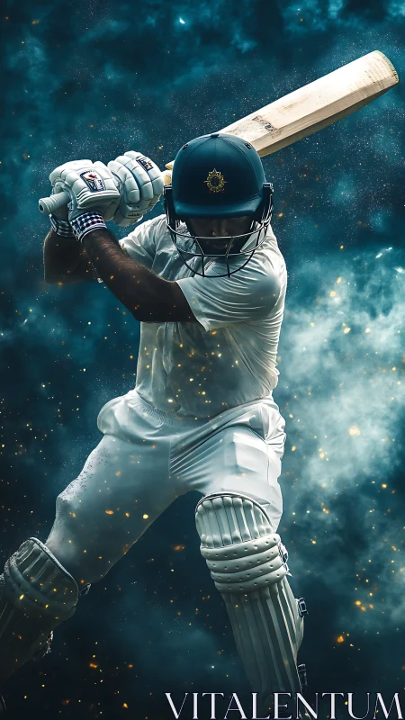 Cricket batsman poised for powerful shot under cosmic lights.