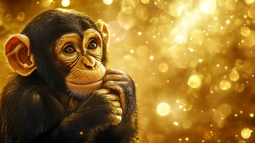 Juvenile chimpanzee rendered against luminous golden bokeh field