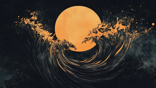 Luminous full moon framed by stylized turbulent ink waves