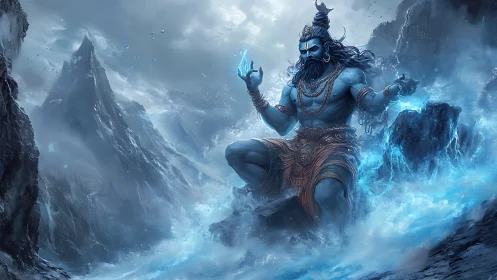Mythic blue deity commands elemental ice amid stormy peaks.