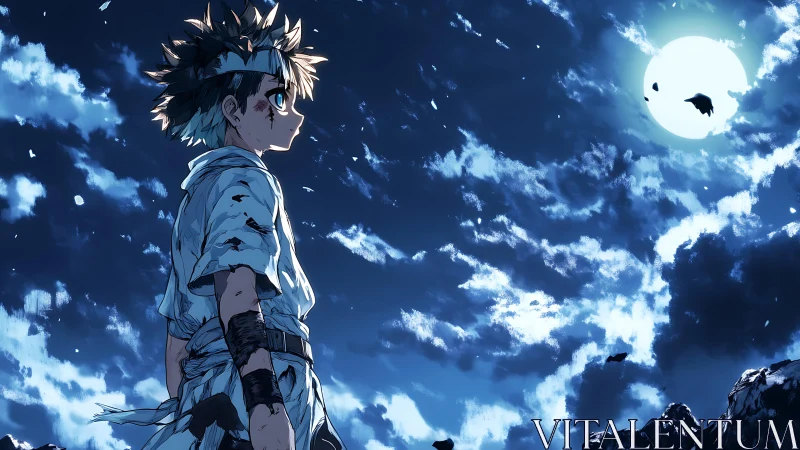 Moonlit warrior boy stands defiant beneath stormy sky.