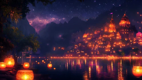 Lantern crowned river kingdom under painted violet night.