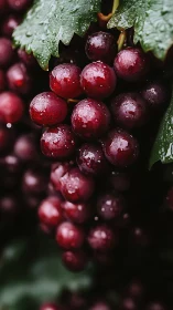 Dense red grape cluster with surface water droplets in soft focus