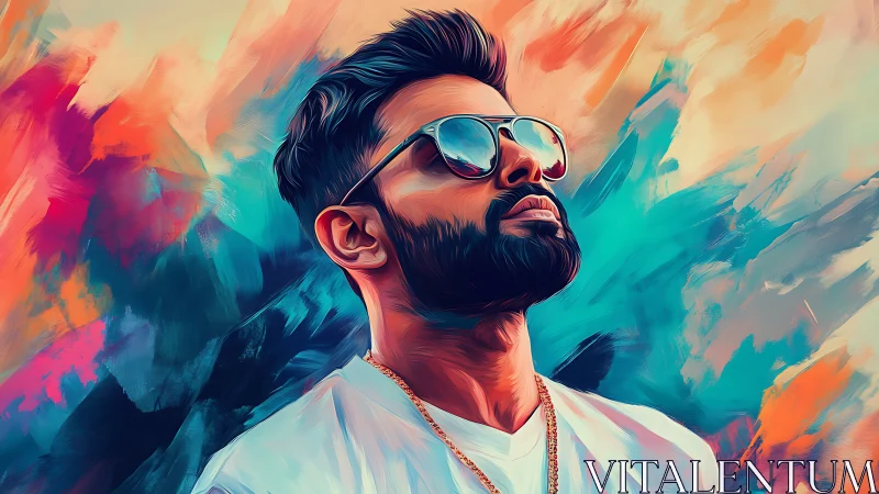 Neon daydreamer in mirrored shades against painted skies.