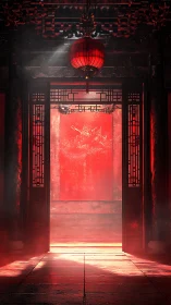 Red lantern doorway glowing with calm, cinematic warmth.