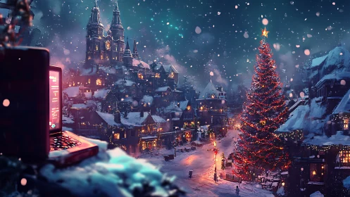 Snowy Christmas town square glows under a towering lit tree