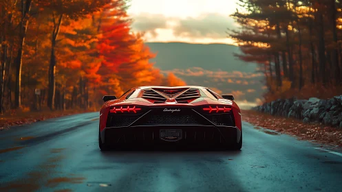 Scarlet supercar hums through autumn tunnel of molten leaves