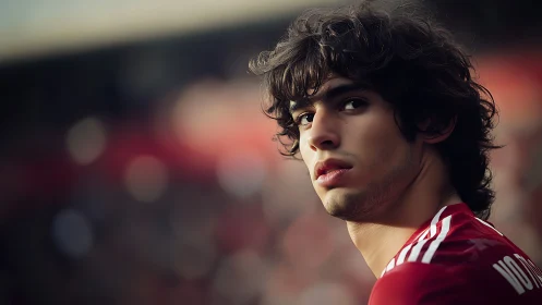 Young soccer player in red jersey looking over shoulder.