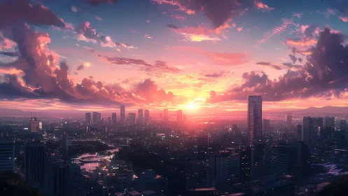 Neon city skyline under radiant anime sunset clouds.