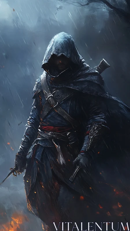 Hooded rogue warrior stands armed in dark stormy forest.