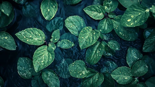 Overhead macro of rain-speckled green foliage on dark water