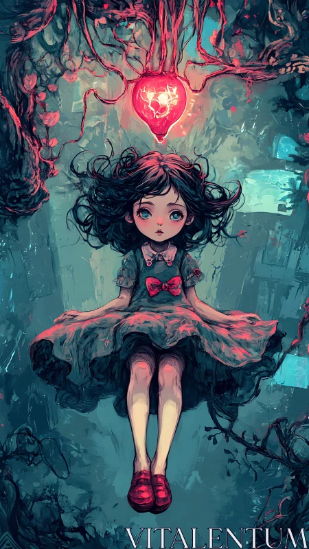 Dark forest girl drifts beneath a glowing heart artifact.