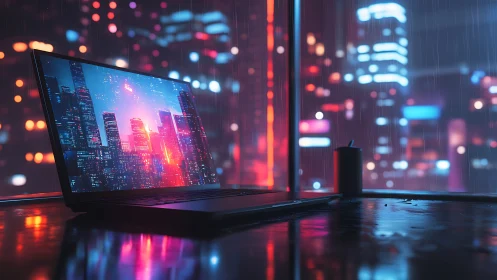 Laptop displays digital cityscape against blurred neon skyline