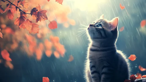 Cat gazes upward as autumn leaves cascade through rain.