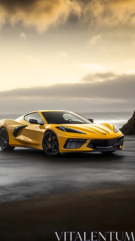 Yellow mid‑engine sports coupe on wet coastal highway at dusk