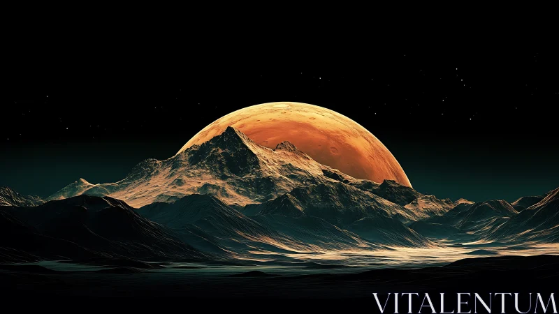 Martian dawn crowns alien peaks in cosmic desert hush.