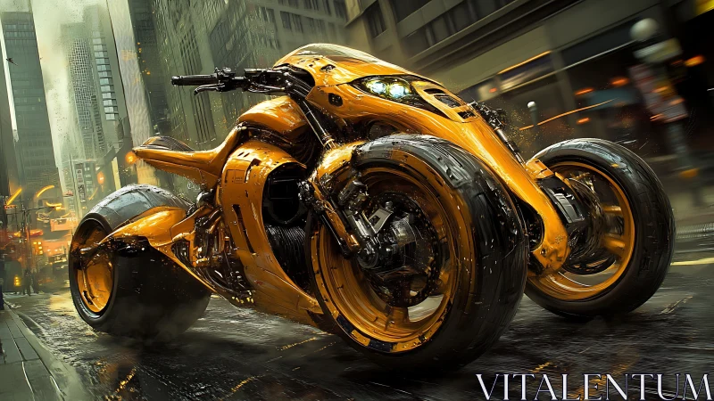 Futuristic three wheeled motorcycle on wet urban street.
