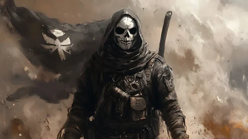 Tactical skull-masked reaper in cinematic battle haze composition.
