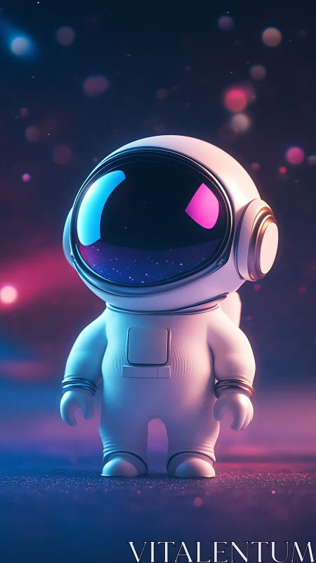 Cartoon astronaut figurine stands in neon lit cosmic scene