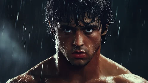 Wet muscular man under dramatic rain with intense stare.