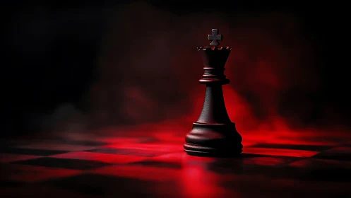 Photorealistic black king on dramatic red chessboard.