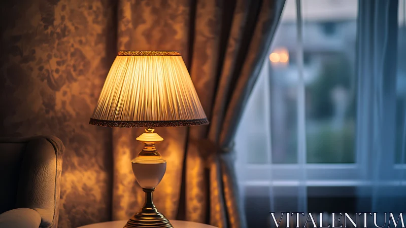 Table lamp illuminates patterned wall beside curtained window