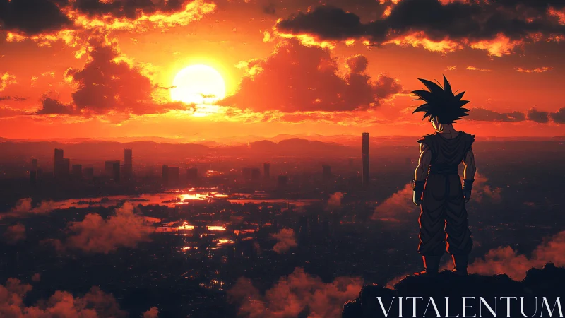 Silhouetted warrior surveys a neon-lit metropolis at blazing sunset