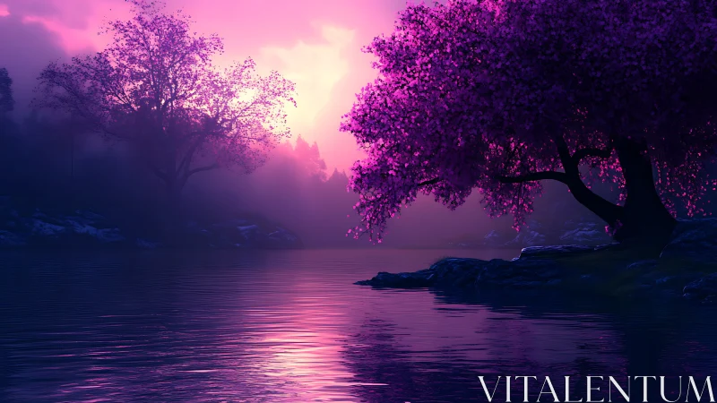 Pink blossom tree dominates misty lakeside at twilight