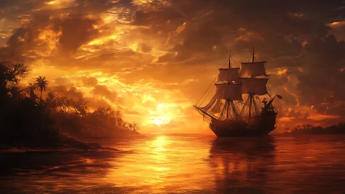 Tall ship silhouettes sail through incandescent tropical sunset.