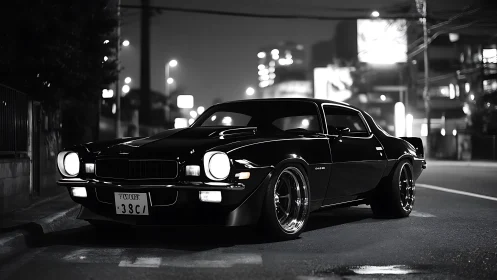 Midnight muscle car glows under city streetlights.